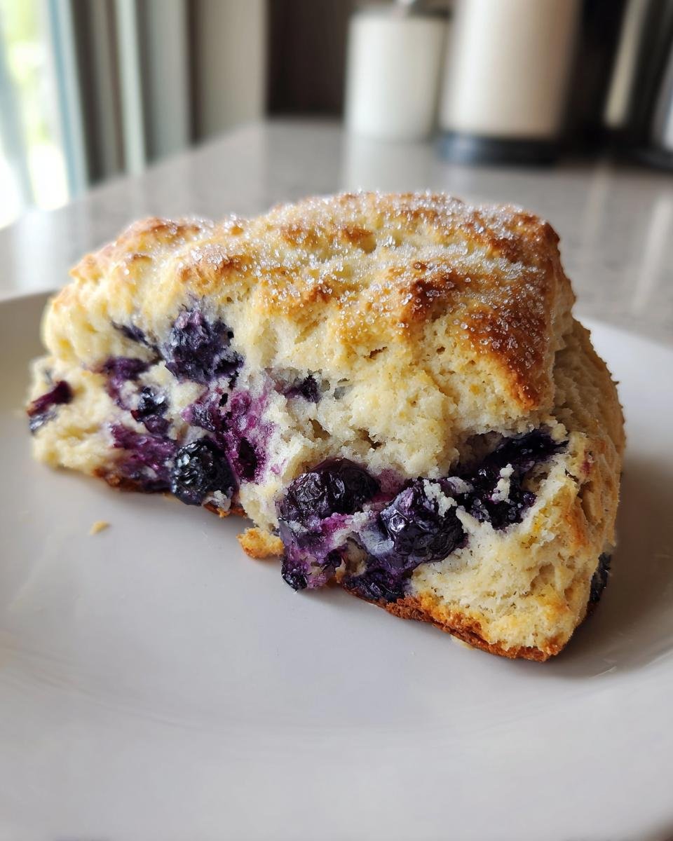 A close-up of a single, fluffy Blueberry Scones slice showing burst blueberries and a coarse sugar topping, resting on a white plate.