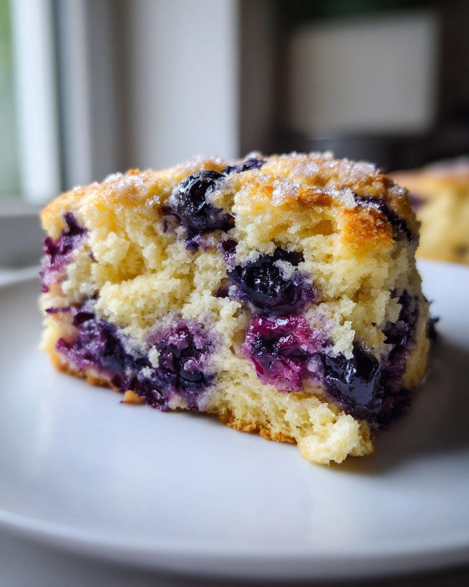 A close-up of a single, thick slice of fluffy Blueberry Scones, studded with juicy blueberries and topped with coarse sugar.