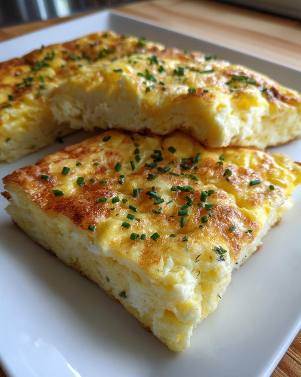 Two thick slices of fluffy Sheet Pan Eggs, baked golden brown and topped with fresh chopped chives.