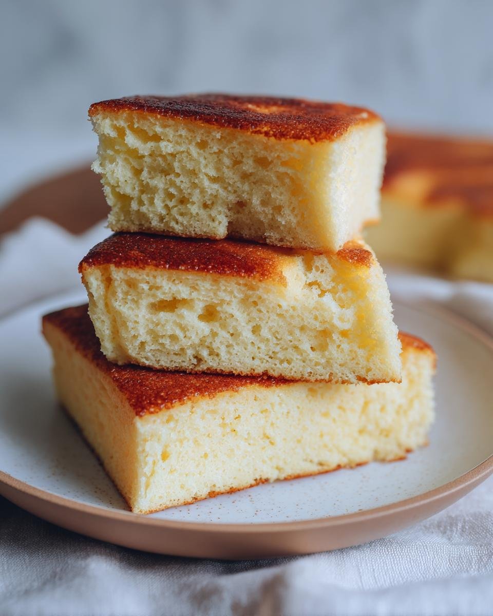 Close-up of three thick, fluffy slices of Sheet Pan Pancakes stacked on a speckled plate.