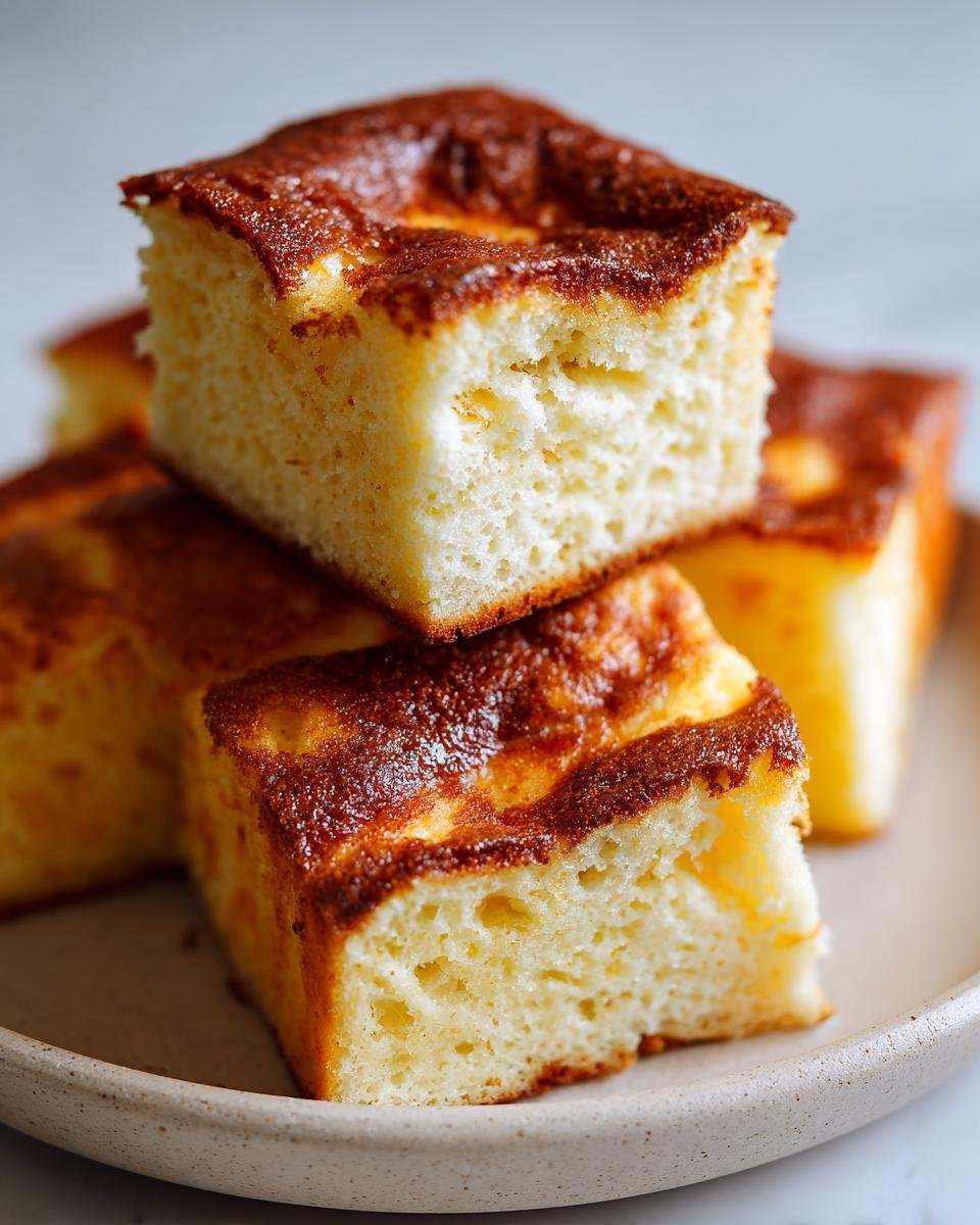 Close-up of fluffy, square-cut Sheet Pan Pancakes with golden brown, slightly caramelized tops, stacked on a plate.