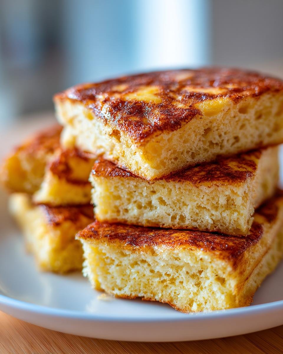 Close-up of stacked, golden-brown squares of fluffy Sheet Pan Pancakes on a white plate.