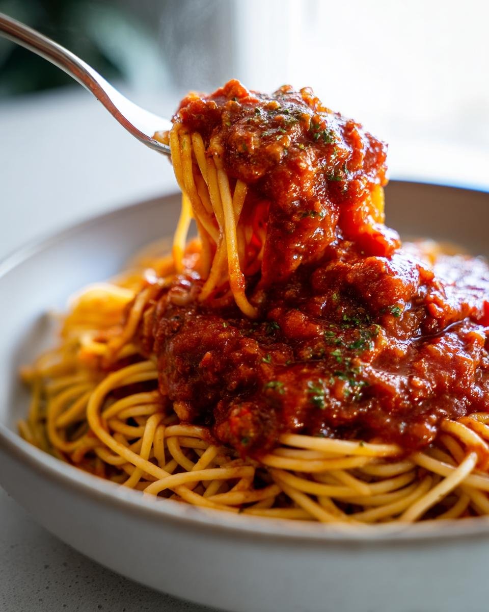 A fork lifting spaghetti noodles generously coated in rich Slow Cooker Spaghetti Sauce from a white bowl.