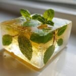 Close-up of a frozen cube containing fresh mint leaves suspended in golden olive oil.