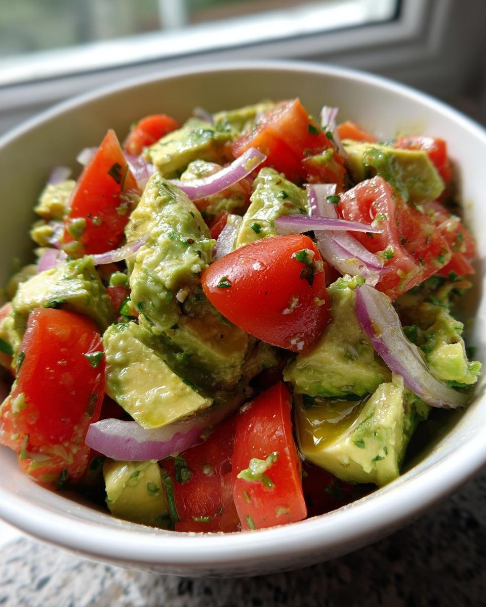 Close-up of chunky Avocado Salad featuring diced avocado, bright red tomatoes, and slivers of red onion in a white bowl.