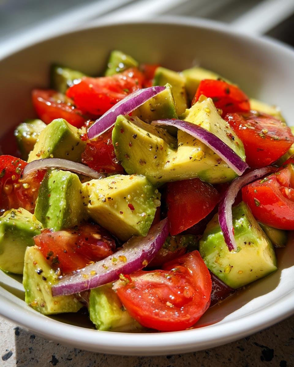 Close-up of a vibrant Avocado Salad featuring diced avocado, sliced red tomatoes, and slivers of red onion, seasoned with herbs.