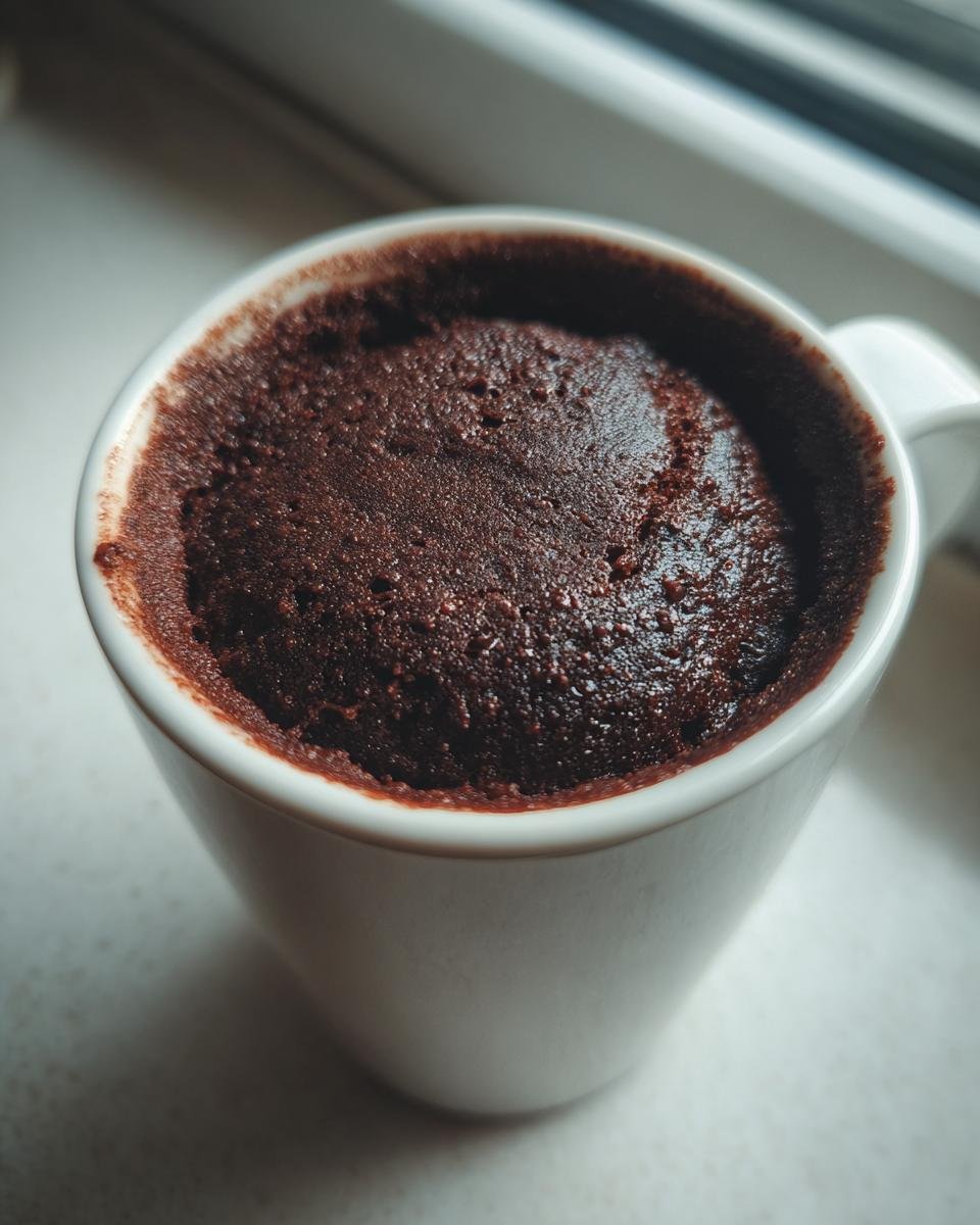 Close-up of a rich, dark Chocolate Mug Cake that has just finished baking inside a white ceramic mug.