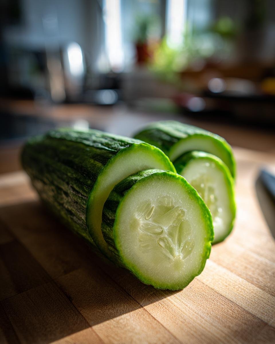 Close-up of a fresh cucumber partially sliced on a wooden cutting board, ready for making Cucumber Sushi Rolls.