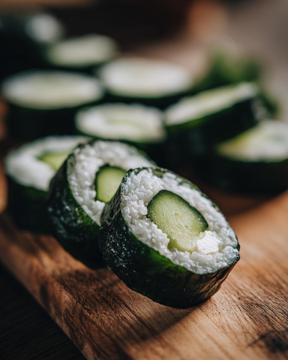 Close-up of freshly made Cucumber Sushi Rolls featuring rice wrapped in cucumber, displayed on a wooden cutting board.