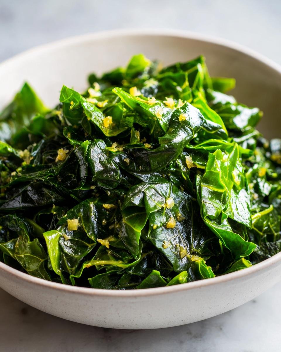Close-up of vibrant, wilted Garlic Butter Collard Greens topped with minced garlic pieces in a light ceramic bowl.