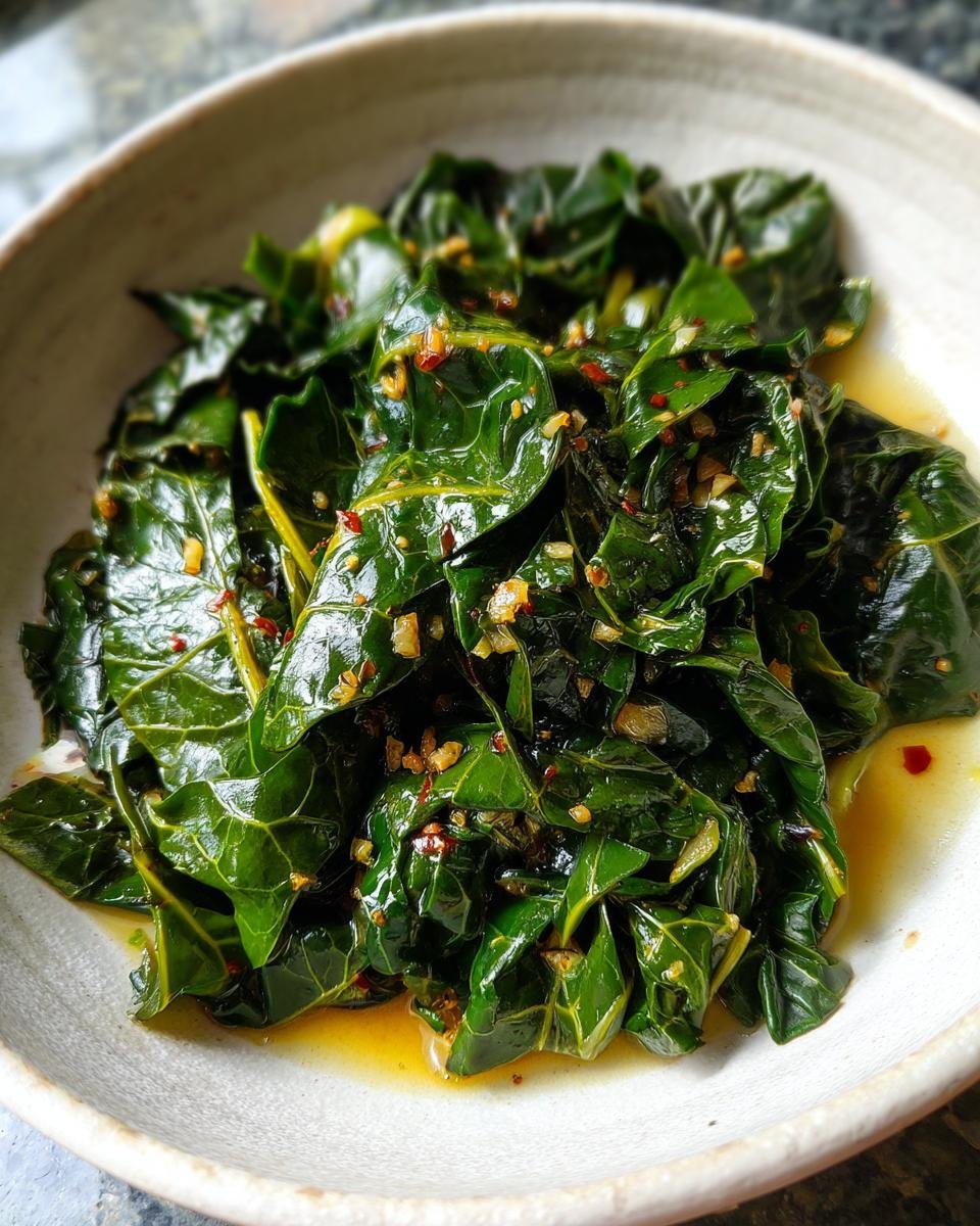 A close-up of vibrant, glossy Garlic Butter Collard Greens seasoned with visible minced garlic and red pepper flakes.
