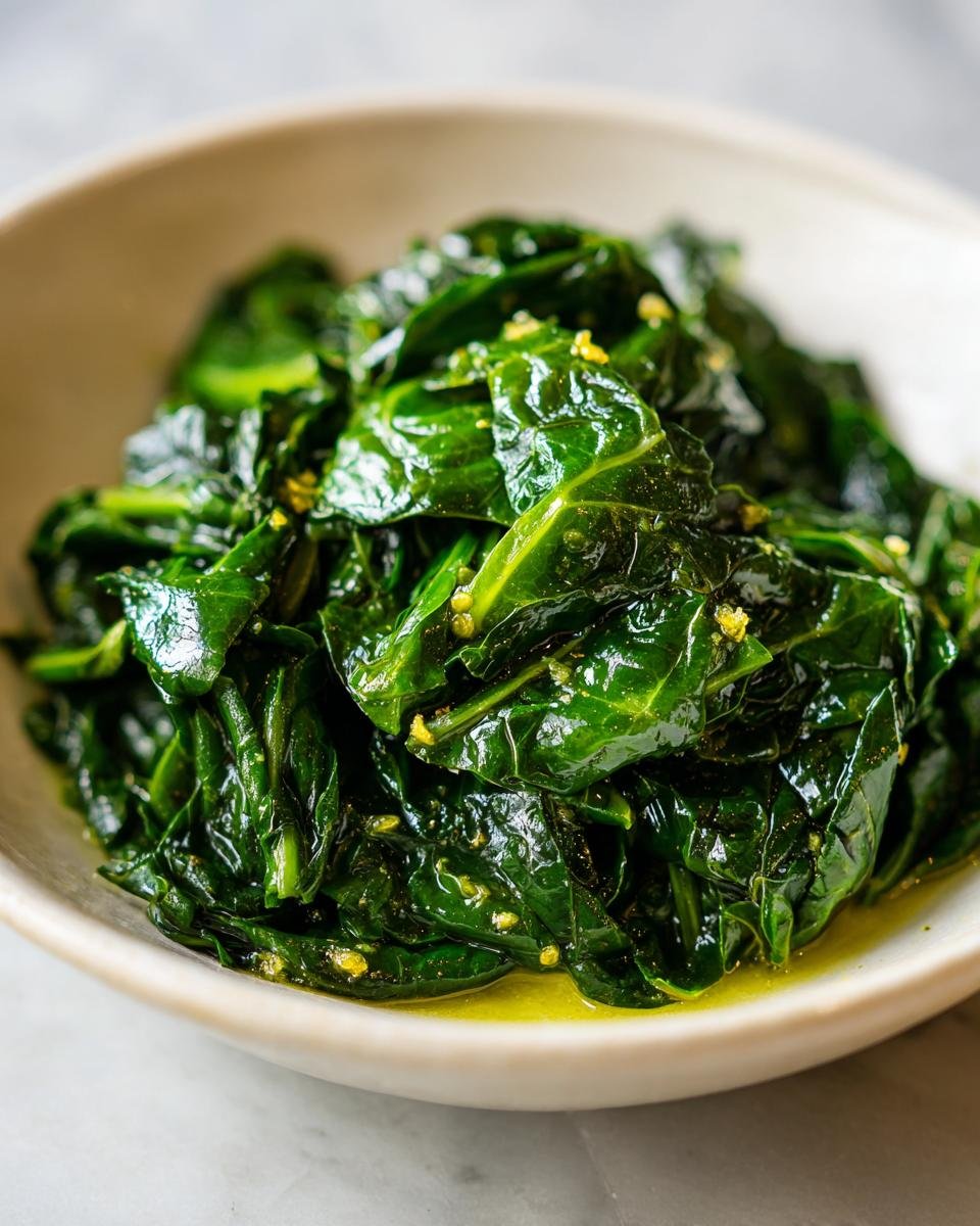Close-up of vibrant, glossy Garlic Butter Collard Greens served in a light-colored bowl.