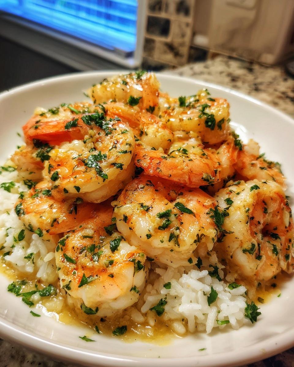 Close-up of Garlic Butter Shrimp And Rice served in a white bowl, glistening with sauce and parsley.