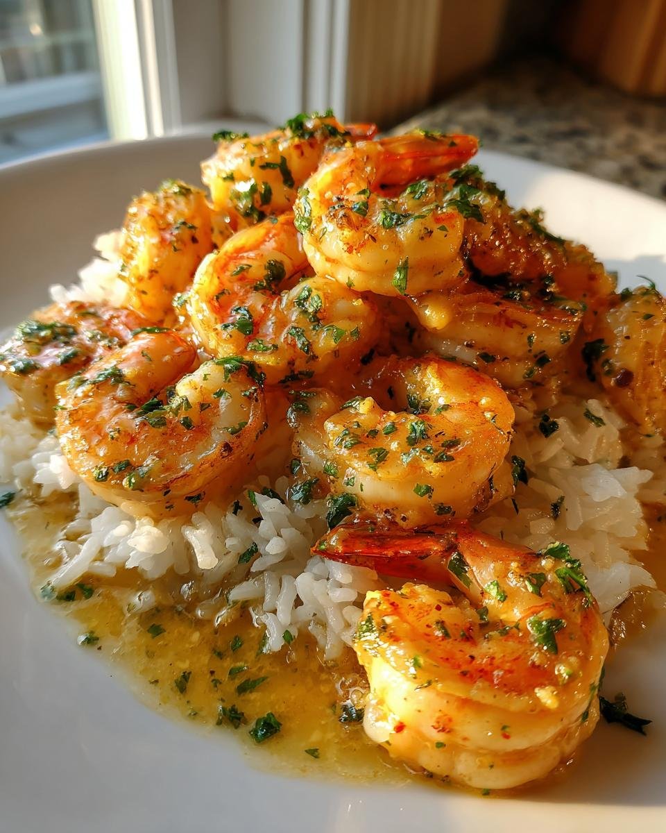 Close-up of Garlic Butter Shrimp And Rice, featuring plump shrimp coated in garlic butter sauce over white rice.