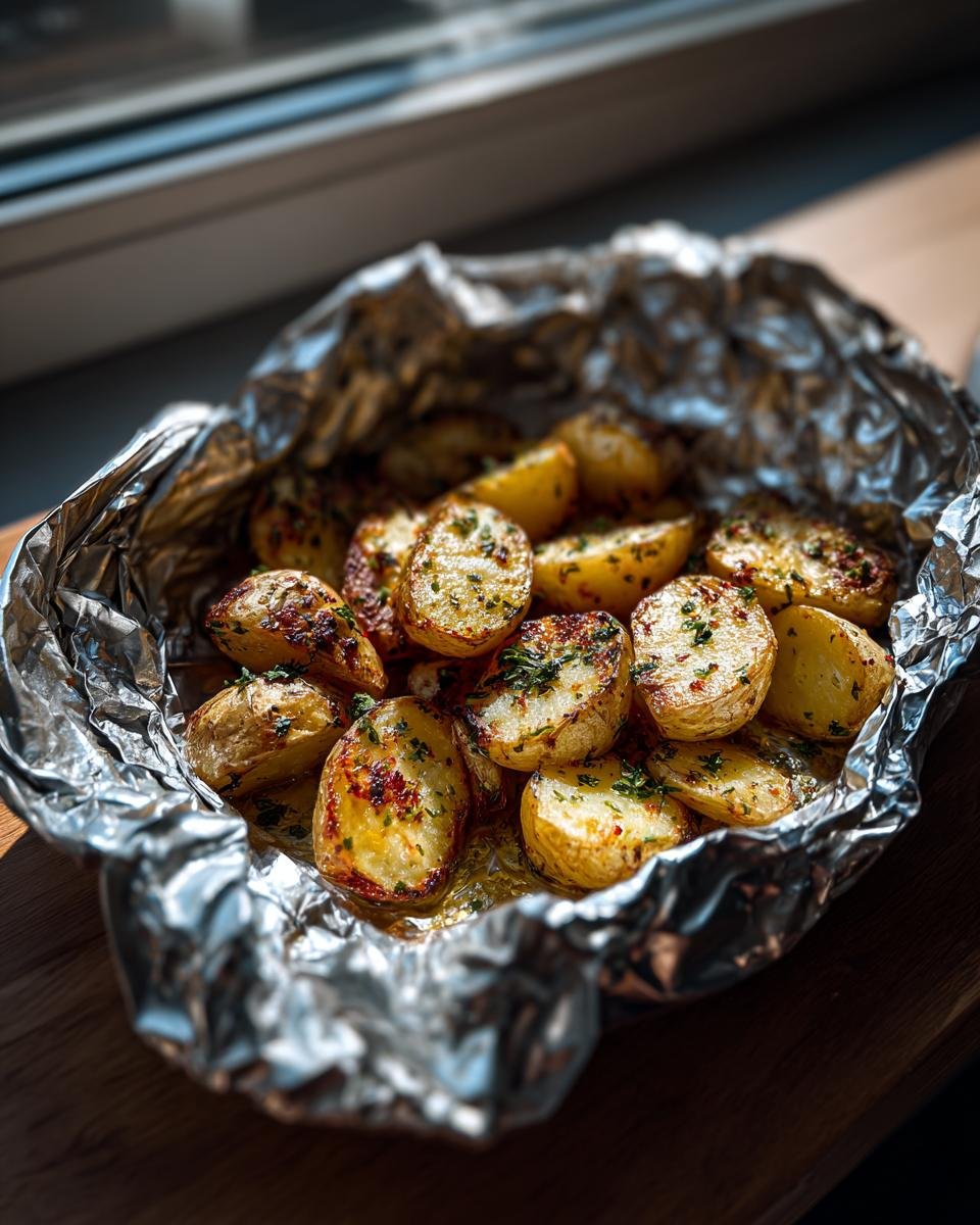 Close-up of golden roasted Garlic Herb Grilled Potatoes In Foil, glistening with butter and topped with parsley.
