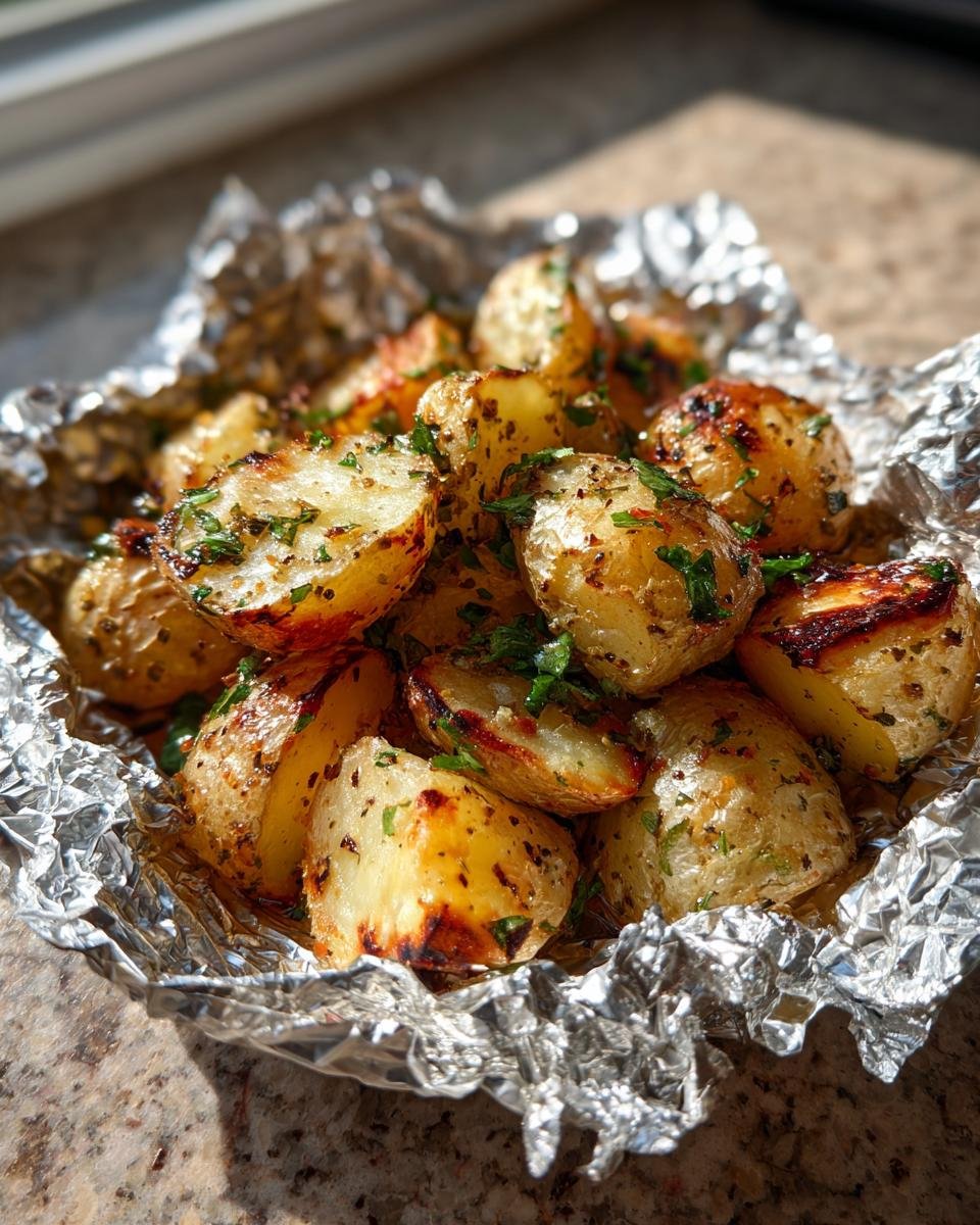 Close-up of perfectly cooked Garlic Herb Grilled Potatoes In Foil, seasoned with herbs and slightly charred.