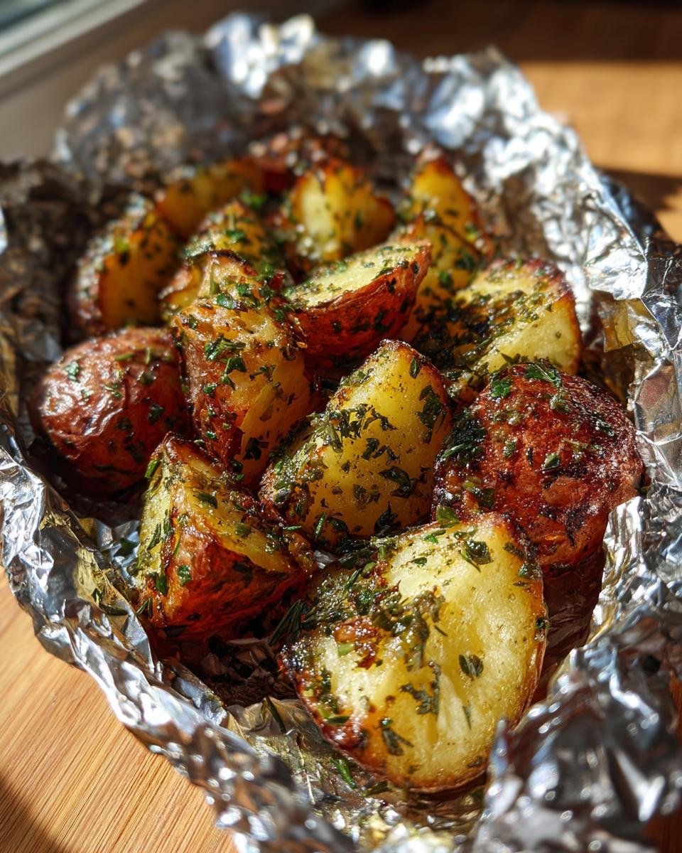 Close-up of roasted, seasoned potato wedges inside a foil packet, featuring Garlic Herb Grilled Potatoes In Foil.