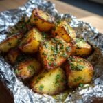 Close-up of golden brown Garlic Herb Grilled Potatoes In Foil, seasoned with fresh green herbs.