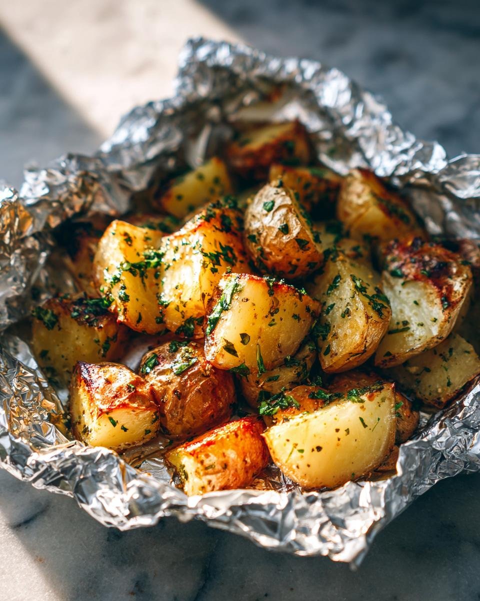 Close-up of golden brown Garlic Herb Grilled Potatoes In Foil, seasoned with fresh parsley.