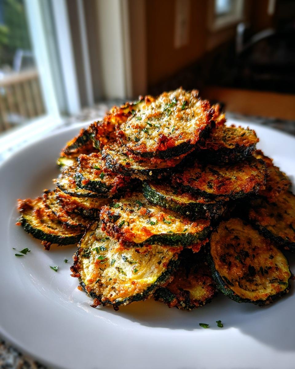 A stack of crispy, golden brown Garlic Parmesan Baked Zucchini Chips sprinkled with parsley on a white plate.