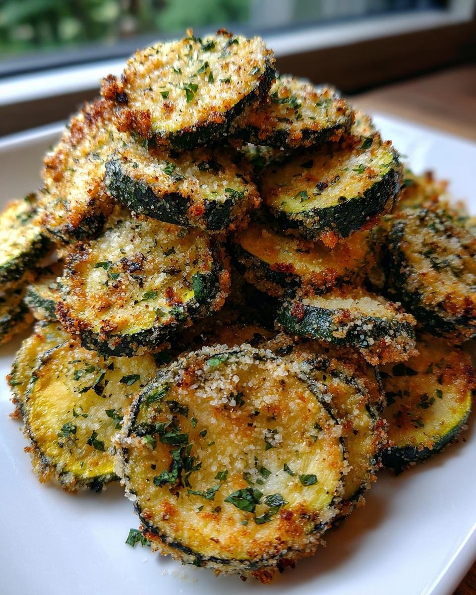 A close-up stack of crispy Garlic Parmesan Baked Zucchini Chips sprinkled with herbs.
