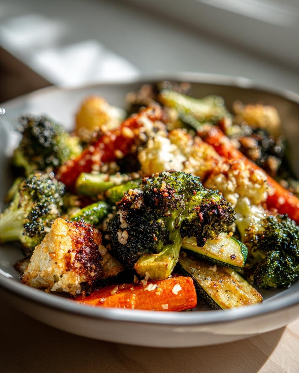 Close-up of roasted broccoli, carrots, zucchini, and cauliflower topped with Garlic Parmesan Roasted Vegetables seasoning.
