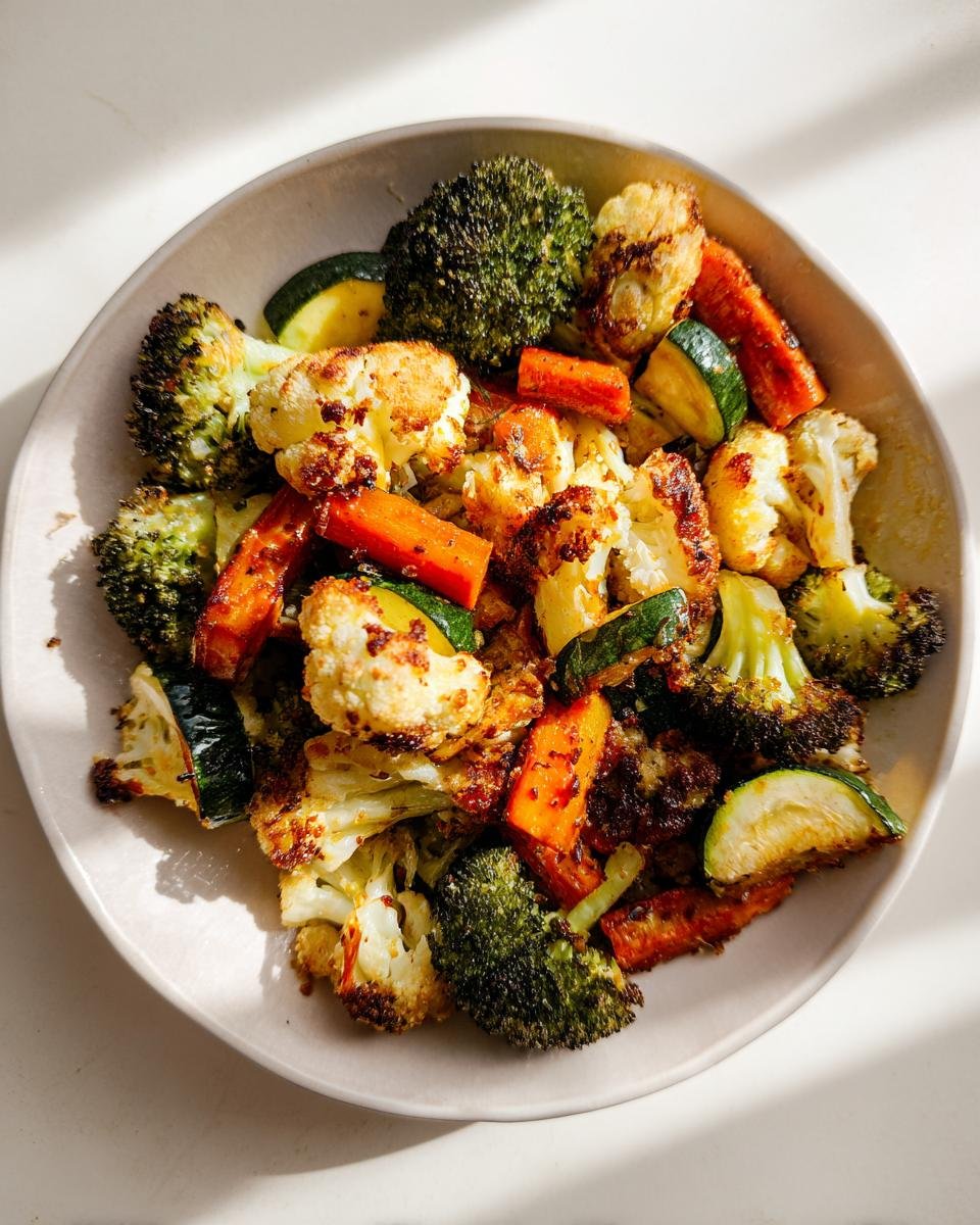 Close-up of roasted broccoli, cauliflower, carrots, and zucchini seasoned with Garlic Parmesan Roasted Vegetables.