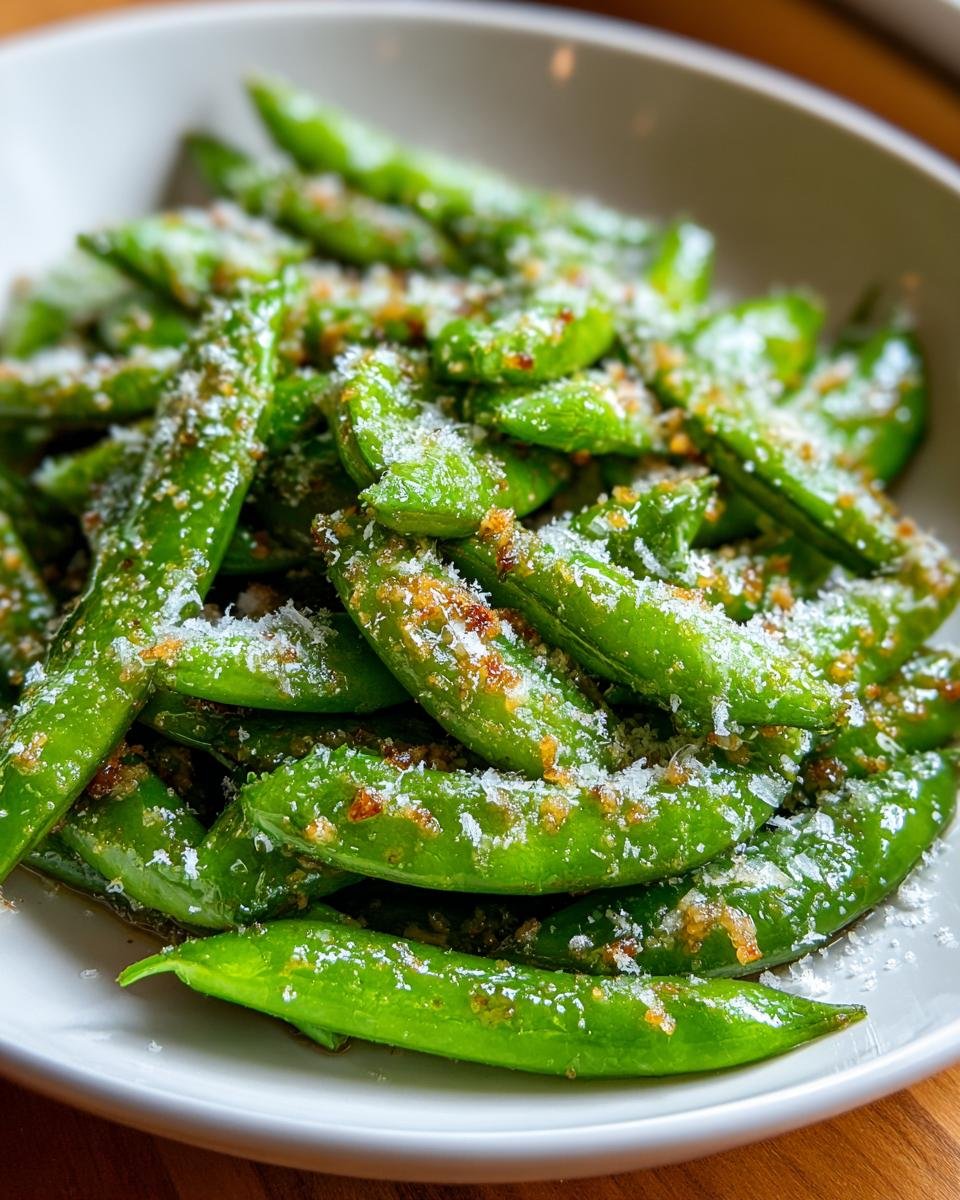 Vibrant green Garlic Parmesan Sugar Snap Peas tossed with grated cheese and seasoning, served in a white bowl.