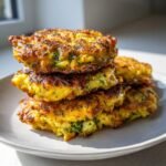 A stack of four golden-brown, crispy Garlicky Cheesy Broccoli Fritters piled high on a white plate.