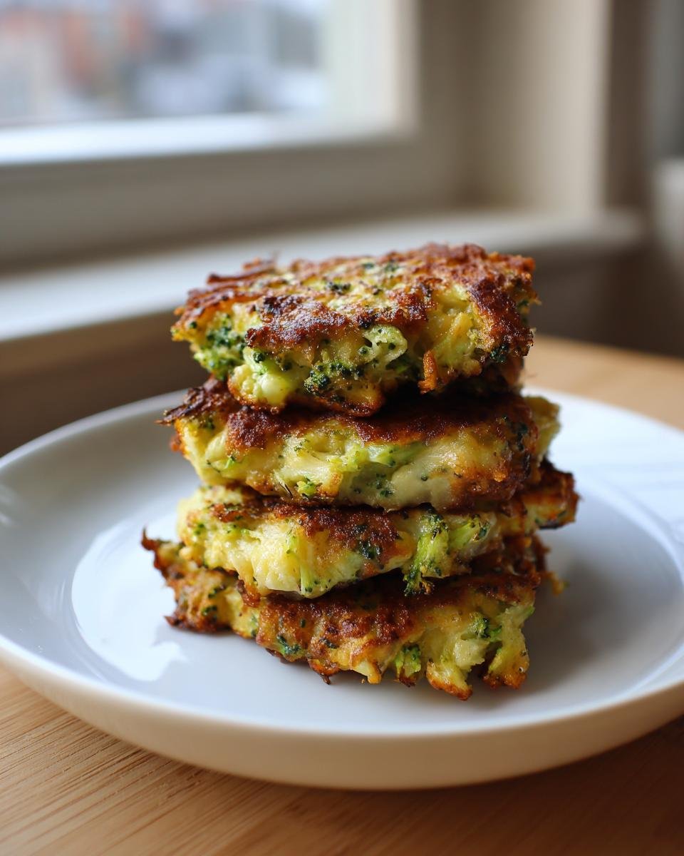 A stack of four golden-brown Garlicky Cheesy Broccoli Fritters served on a white plate.