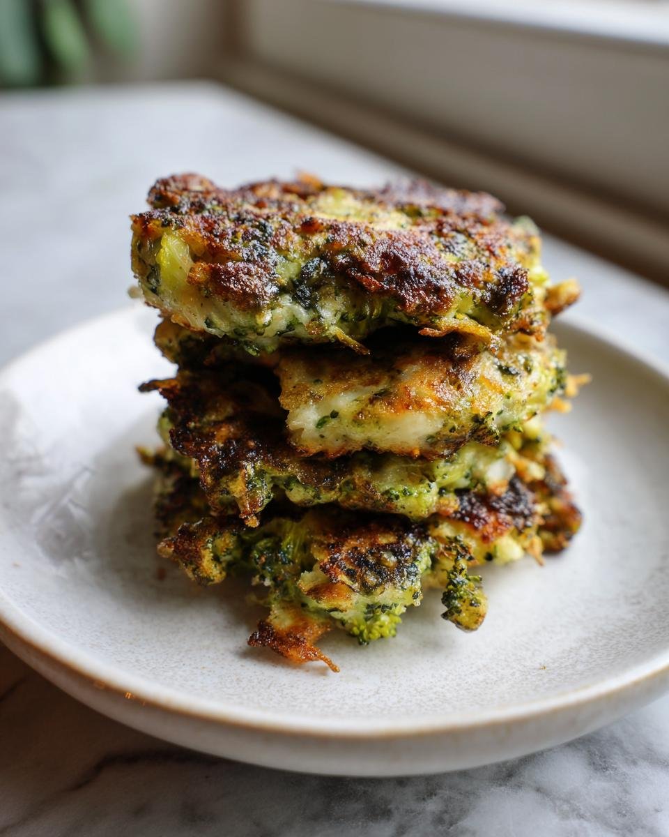 A stack of four golden-brown, crispy Garlicky Cheesy Broccoli Fritters served on a light ceramic plate.