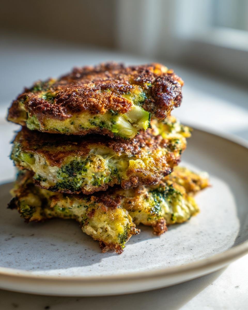 A stack of three golden-brown Garlicky Cheesy Broccoli Fritters resting on a speckled ceramic plate.