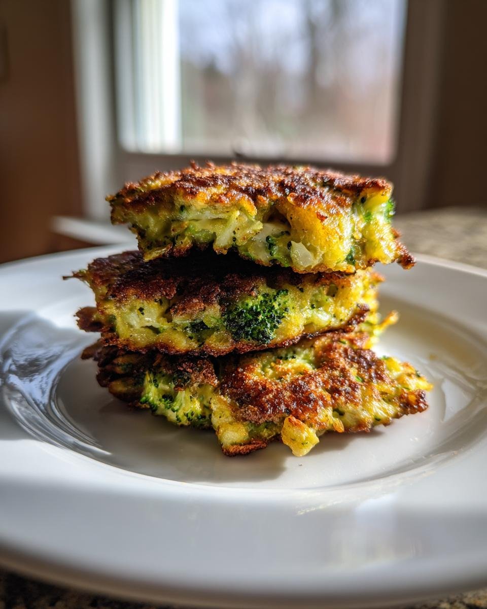 A stack of three golden-brown Garlicky Cheesy Broccoli Fritters showing visible pieces of green broccoli florets inside.