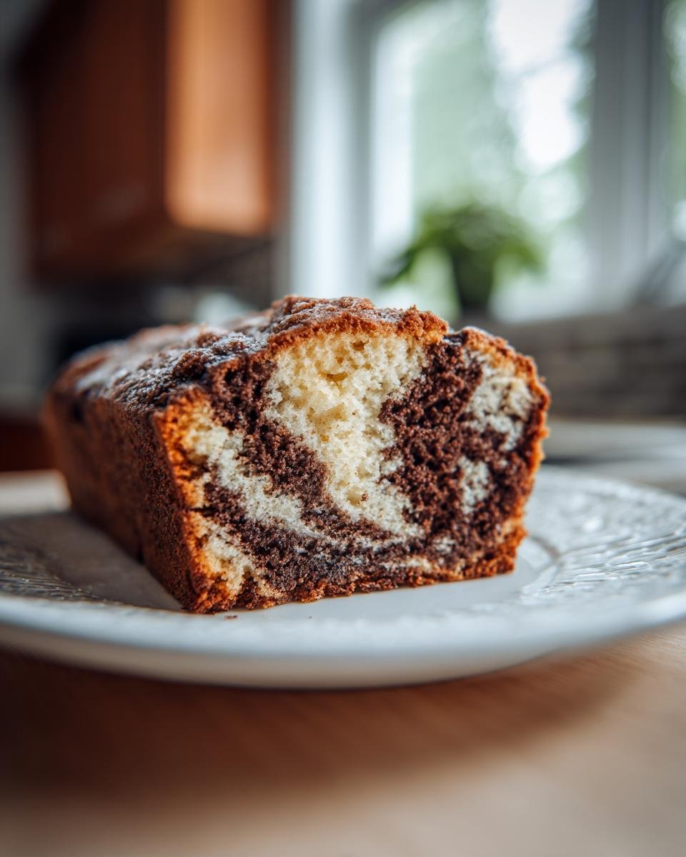 Close-up of a slice of moist German Marble Cake showing the distinct vanilla and chocolate swirl pattern.