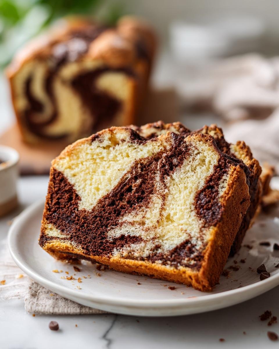 Close-up of two thick slices of German Marble Cake showing the distinct vanilla and chocolate swirls on a white plate.