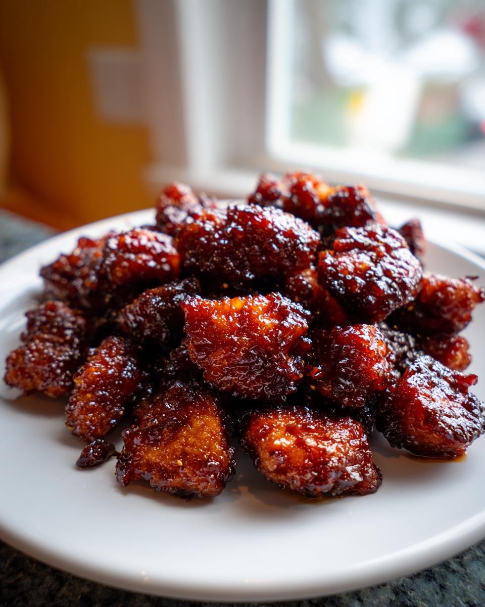 Close-up of glistening, dark glazed pieces of Black Pepper Chicken piled high on a white plate.