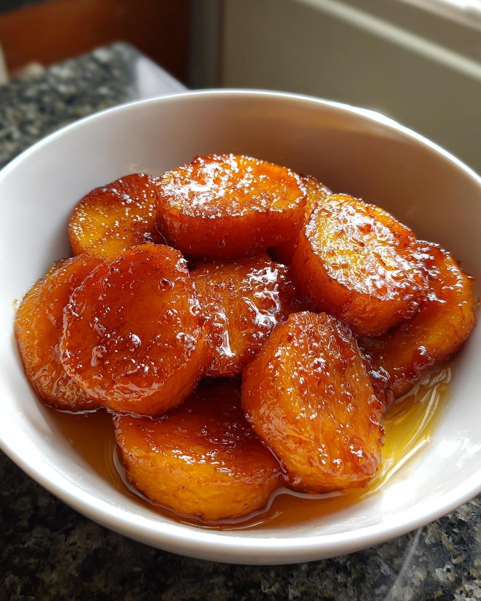 Close-up of thick, round slices of glossy Candied Yams swimming in a sweet, amber syrup in a white bowl.