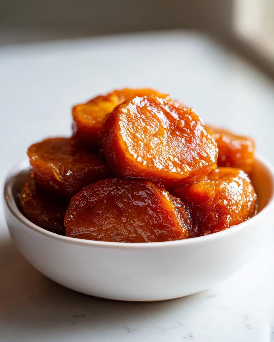 Close-up of glossy, caramelized slices of Candied Yams piled high in a small white serving bowl.