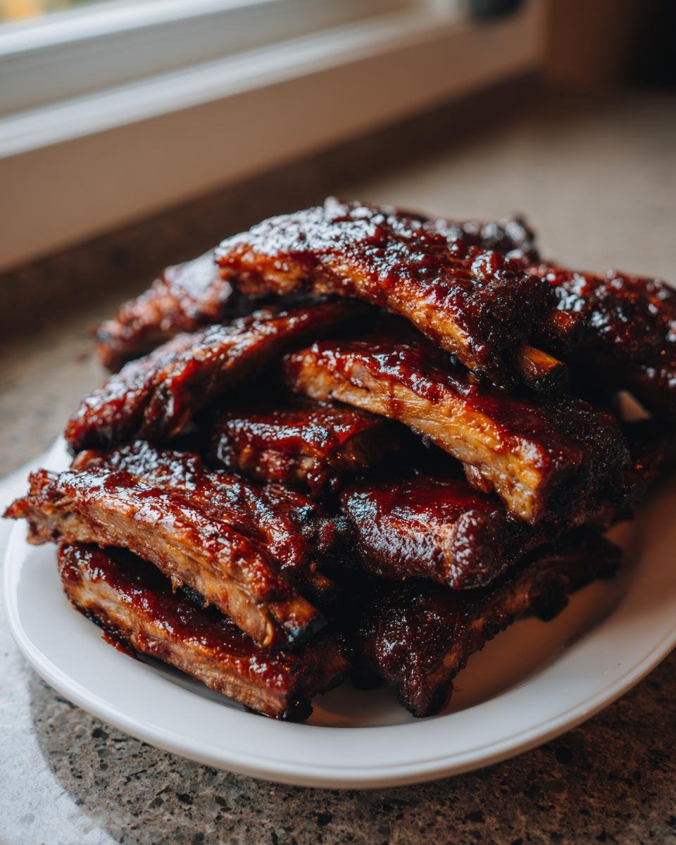 A close-up stack of tender, saucy Country Style Pork Ribs glistening with dark barbecue glaze on a white plate.