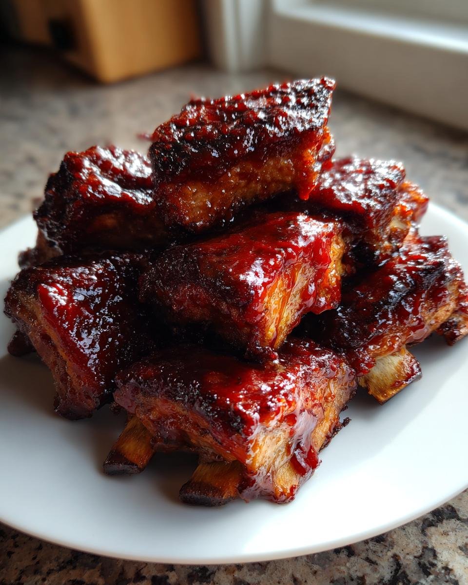 A close-up of tender Country Style Pork Ribs heavily coated in a thick, glossy, dark red barbecue sauce.