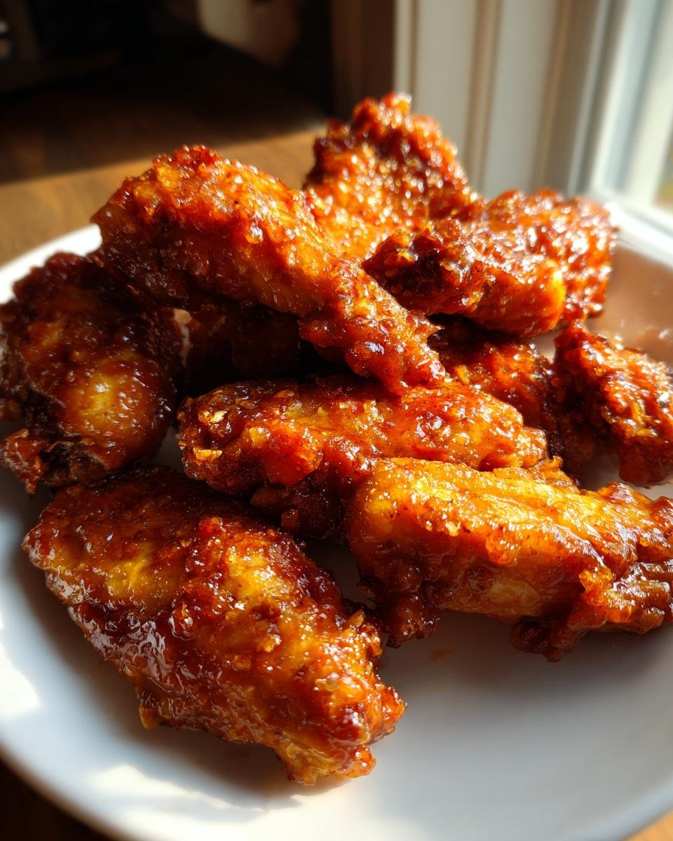 Close-up of crispy, glazed Honey Garlic Chicken wings piled on a white plate, catching the sunlight.