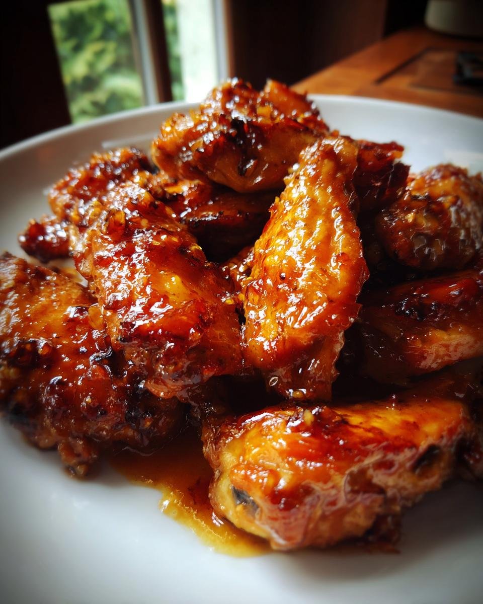 Close-up of sticky, glazed Honey Garlic Chicken wings piled high on a white plate.