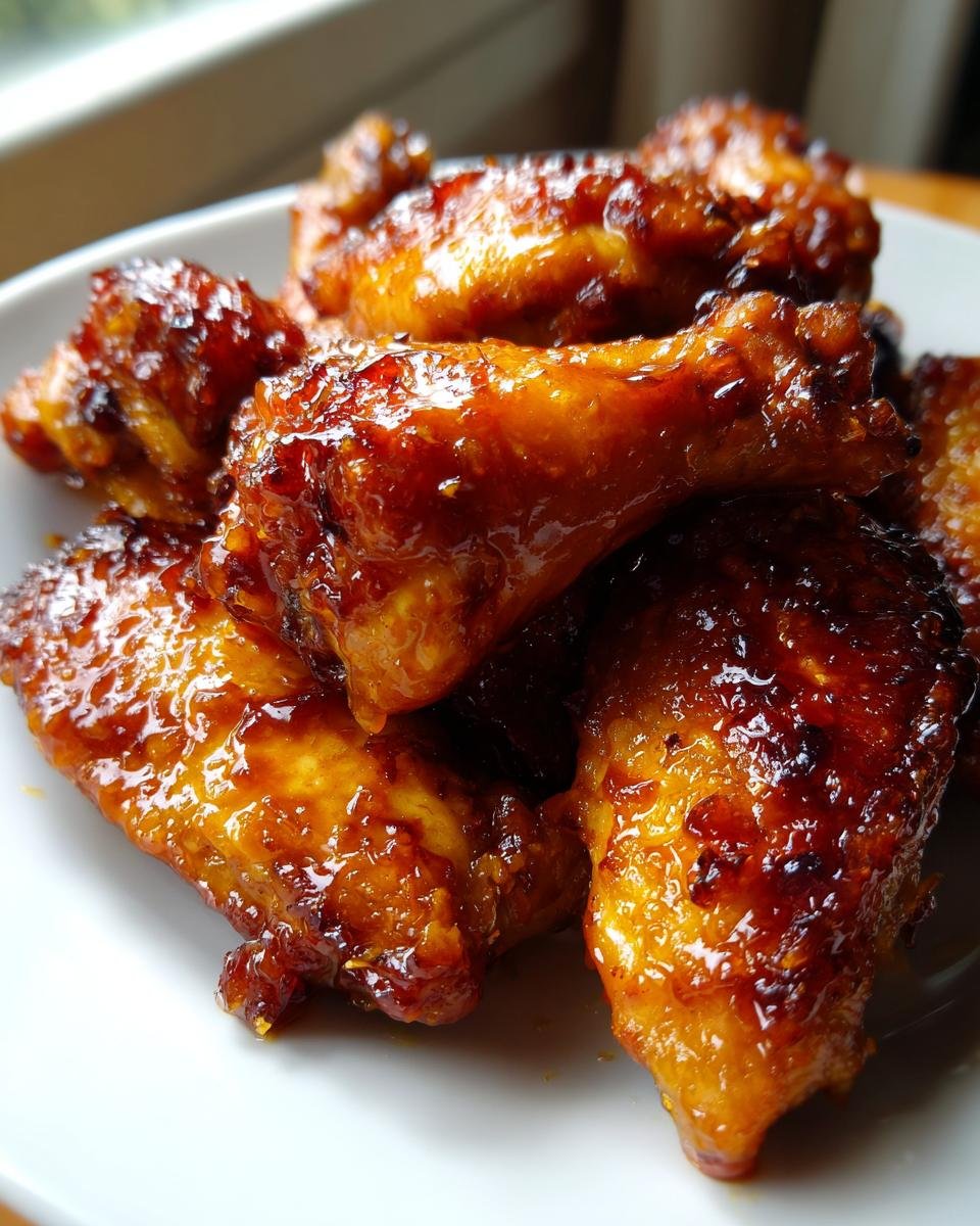 Close-up of several sticky, glossy Honey Garlic Chicken wings piled on a white plate.