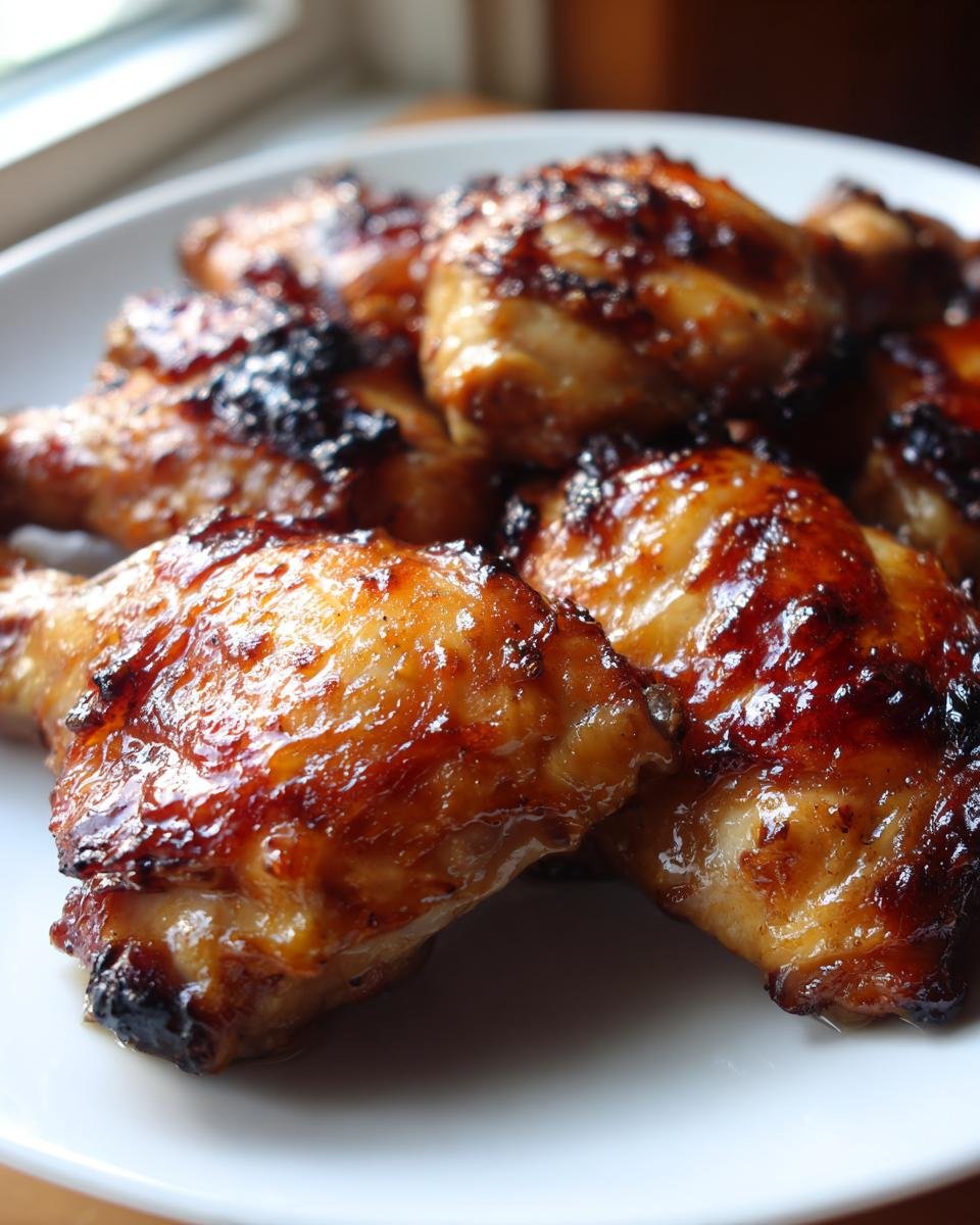 Close-up of glossy, caramelized chicken pieces coated in a rich sauce, likely Mojo Chicken.
