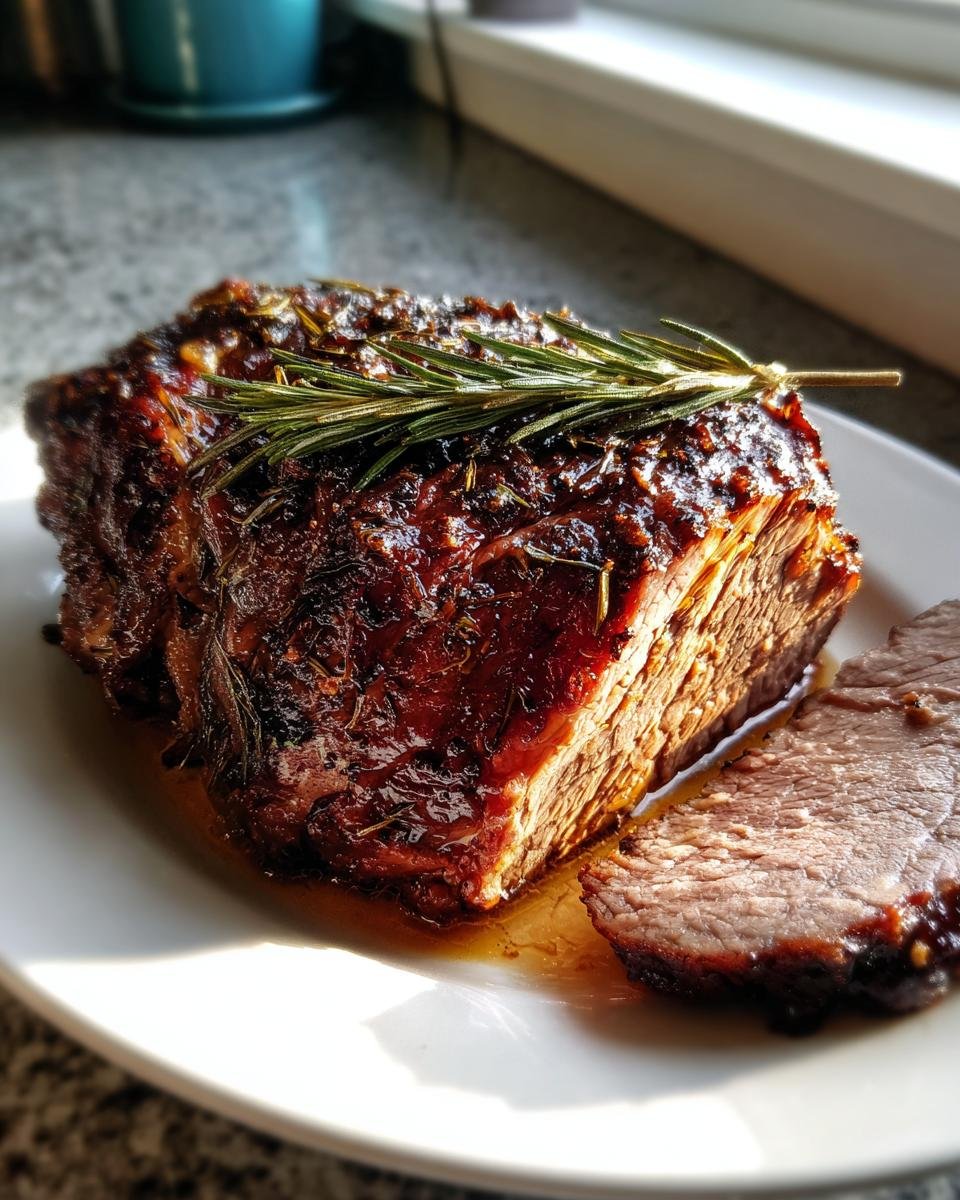 A beautifully glazed, roasted Pork Roast with a sprig of fresh rosemary on top, sliced on a white plate.