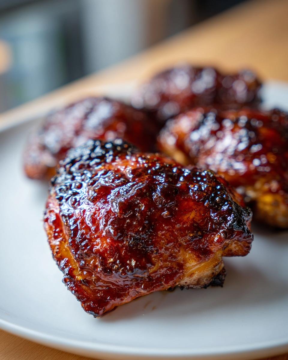 Close-up of perfectly glazed, dark, saucy chicken thighs resting on a white plate.