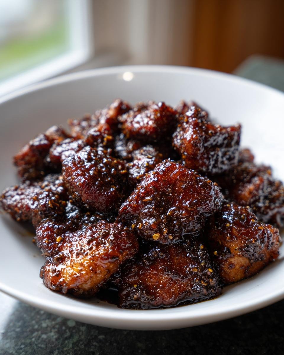 Close-up of glossy, dark, saucy Black Pepper Chicken pieces piled high in a white bowl.