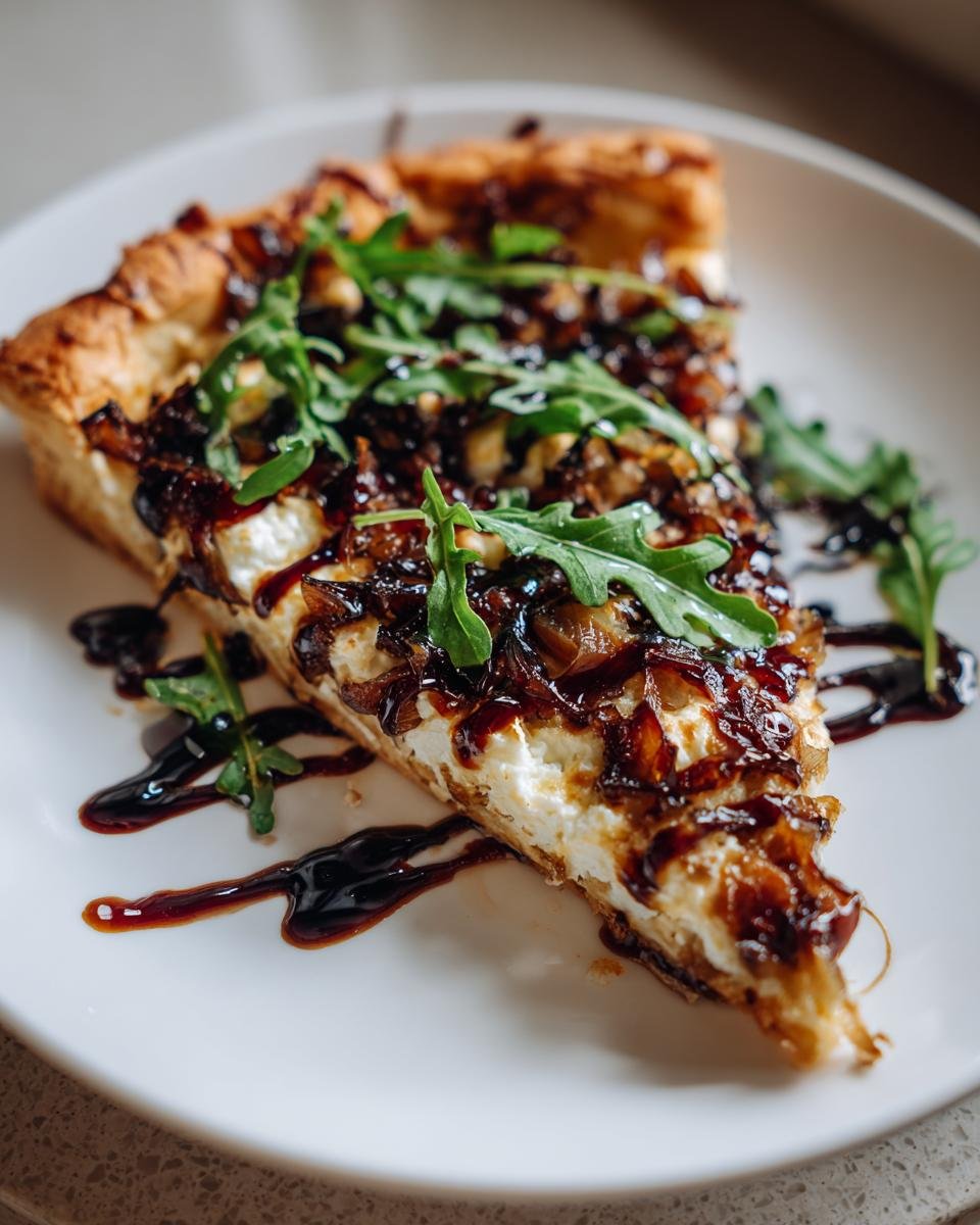 A slice of Goat Cheese Pizza topped with caramelized onions, fresh arugula, and balsamic glaze on a white plate.