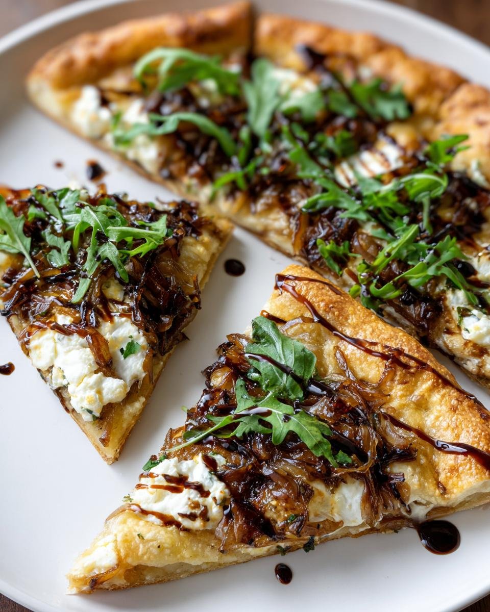 Three slices of amazing Goat Cheese Pizza topped with creamy goat cheese, caramelized onions, fresh arugula, and balsamic glaze.