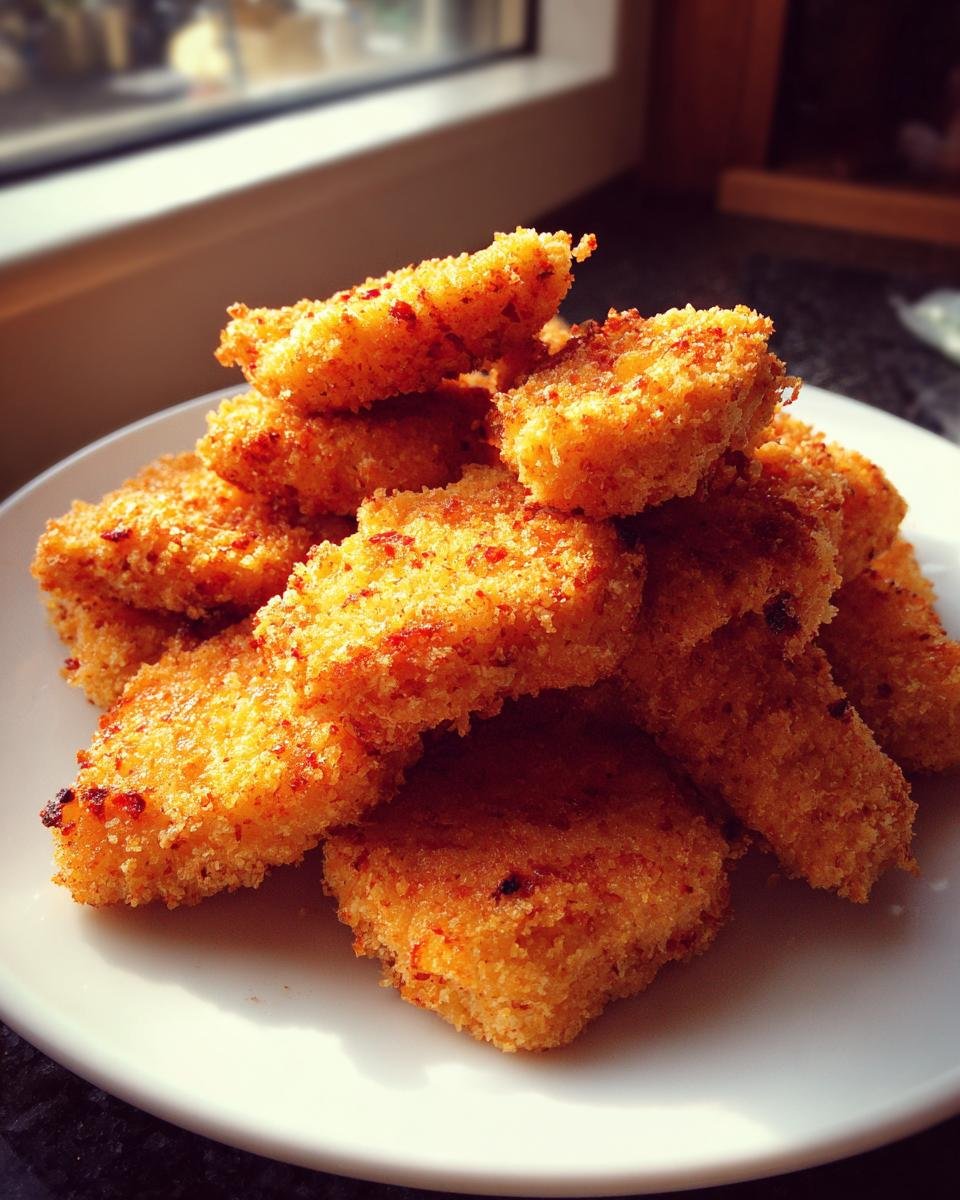 A pile of crispy, golden Air Fryer Chicken Nuggets stacked high on a white plate near a window.